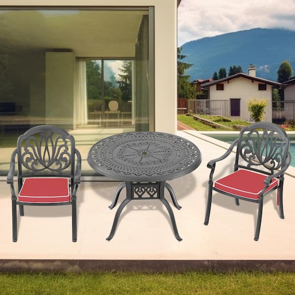 Willit Elizabeth Black 3-Piece Cast Aluminum Outdoor Dining Set with 39.37 in. Round Table and Random Color Seat Cushions