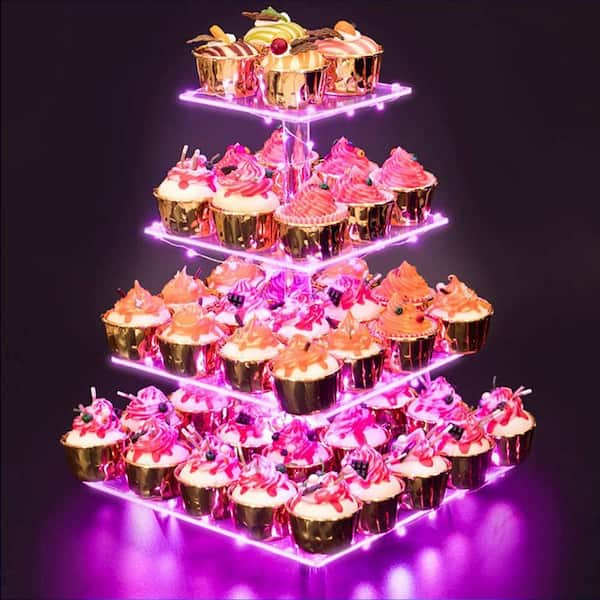 4-Tier Pink Light Cake Stand, Acrylic Tower Display with LED Light, Dessert Tree Tower for Birthday, Weddings, Parties