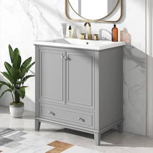 30 in. W x 18 in. D x 34.8 in. H Single Sink Freestanding Bath Vanity in Grey with White Ceramic Top and Storage