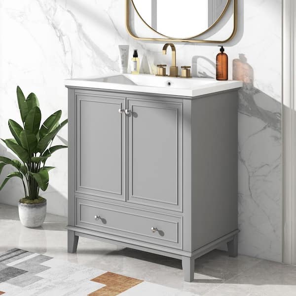 EPOWP 30 in. W x 18 in. D x 34.8 in. H Single Sink Freestanding Bath Vanity in Grey with White Ceramic Top and Storage