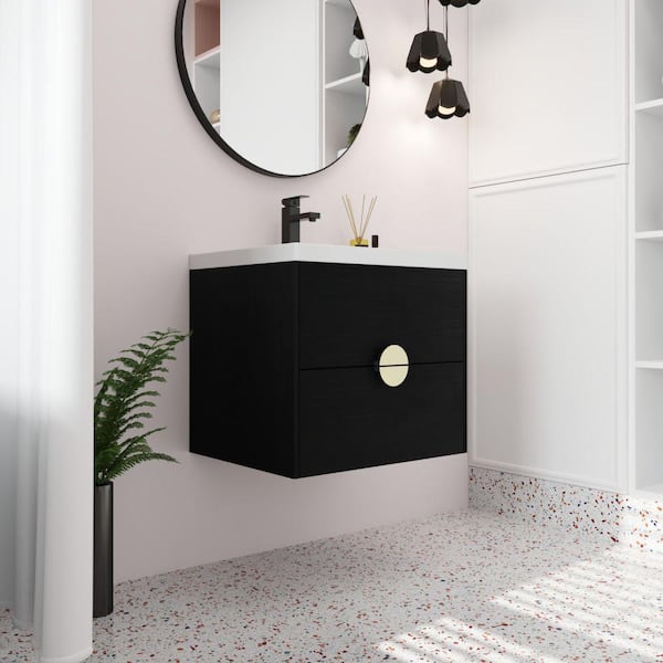 Xspracer Victoria 24 in. W x 19 in. D x 21 in. H Floating Single Sink Bath Vanity with Ceramic in White and Cabinet in Black Top
