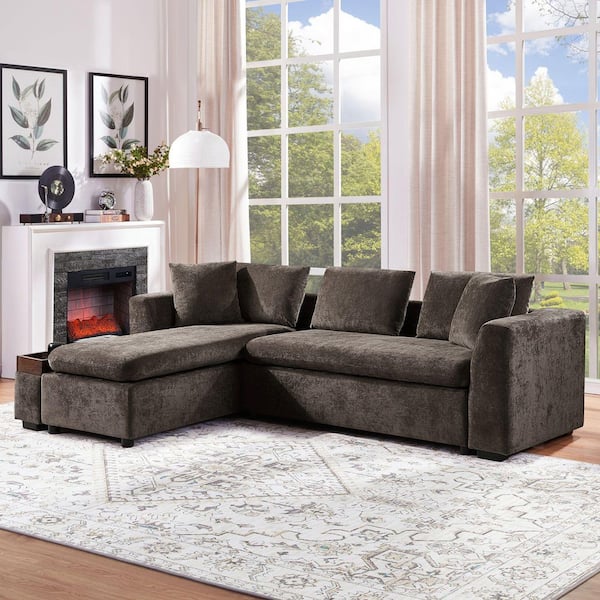 Trustworthy 93.7 in. Rolled Arm Chenille Upholstery L-Shaped Sectional Sofa in. Brown with Wooden Storage Compartmen