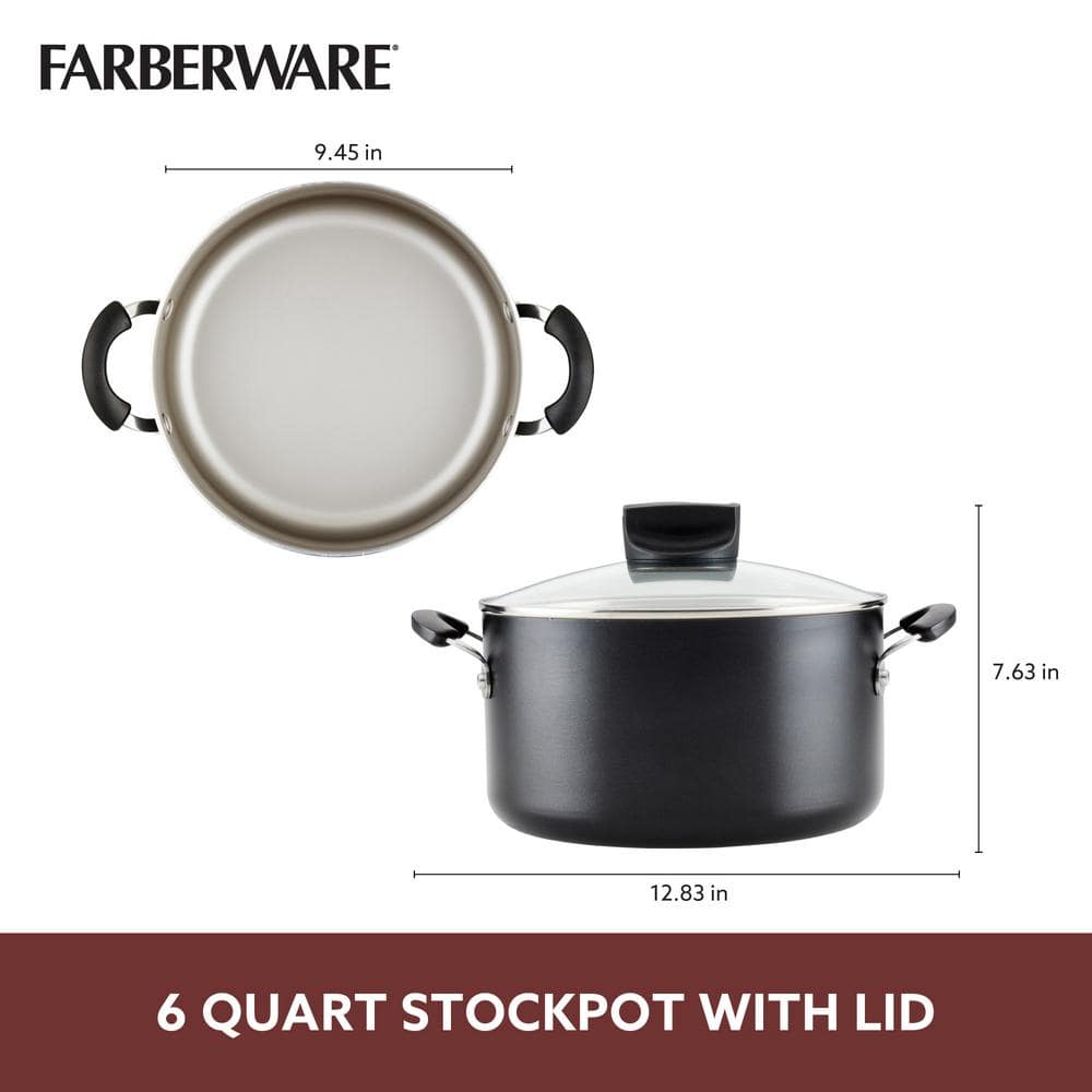 Farberware 6 Quart Black Aluminum Nonstick Stockpot with Glass Lid