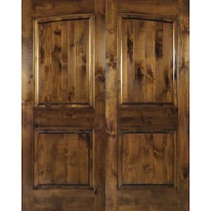 72 in. x 80 in. Rustic Knotty Alder 2-Panel Common Arch Provincial Stain Left-Hand Wood Double Prehung Front Door