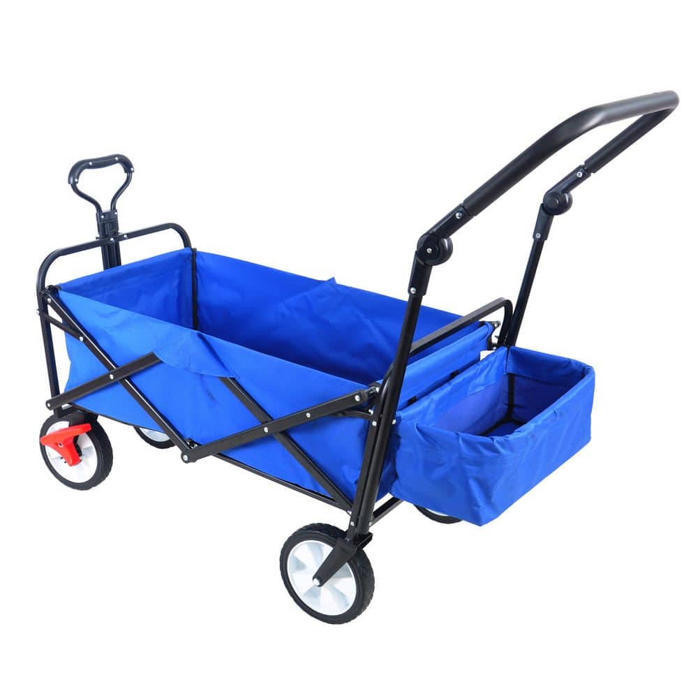 Tidoin 3 cu.ft. Blue Metal Folding Garden Cart with Wheel Brake and Storage Basket QDYDW2803