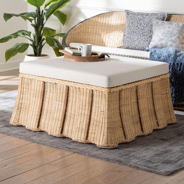 Rotem Natural Brown Rattan Cocktail Ottoman with Fabric Cushion