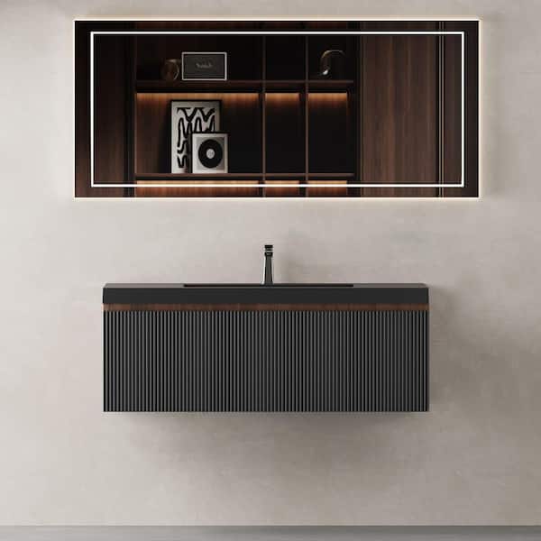 42 in. Wall-Mounted Bath Vanity Modern Floating Bathroom Vanity in Smoked Walnut with Black Quartz Sand Top