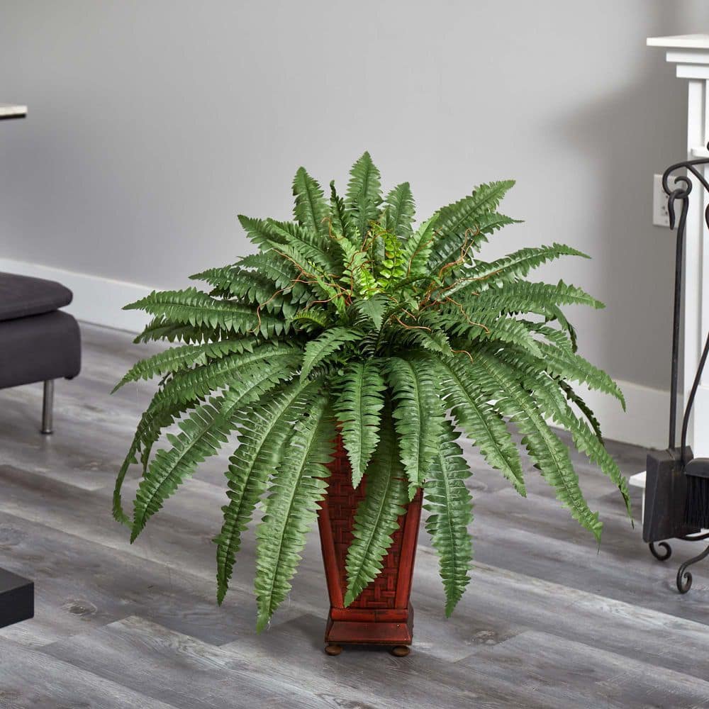 Tropical Boston Fern Silk Tabletop Plant in Stylish Wood Vase
