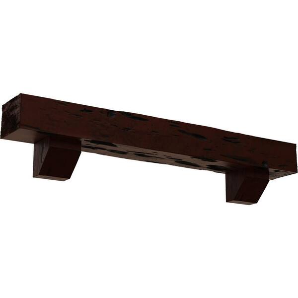 Ekena Millwork 4 in. x 4 in. x 5 ft. Pecky Cypress Faux Wood Fireplace Mantel Kit, Ashford Corbels, Natural Pecan
