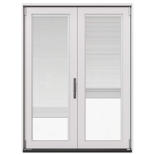 60 in. x 80 in. Right-Hand Folding Primed Fiberglass 2-Panel Patio Door w/ Low-E Glass, Blinds & Retractable Screen