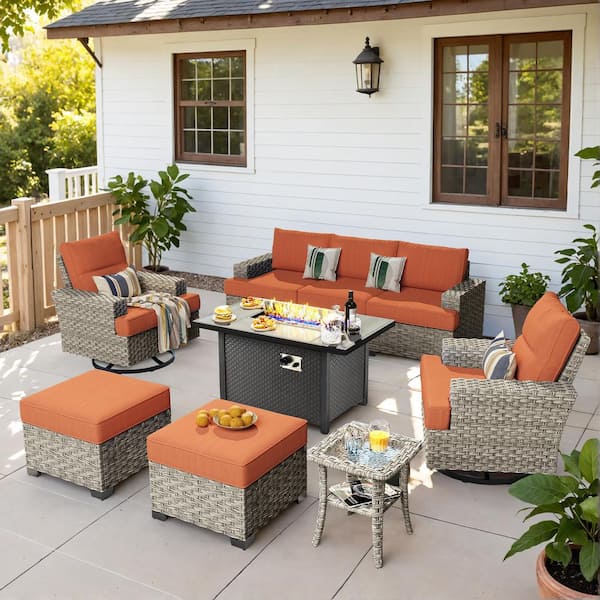 HOOOWOOO Kelleys 9-Piece Wicker Modern Outdoor Patio Conversation Sofa Set with a Fire Pit, Swivel Chairs and Orange Red Cushions