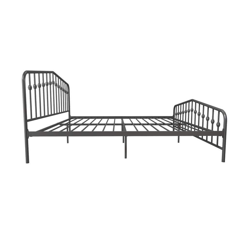 King-Size Gunmetal Gray Metal Bed with Upholstered Headboard and Storage Drawer