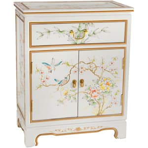 White Lacquer Birds and Flowers Accent Cabinet