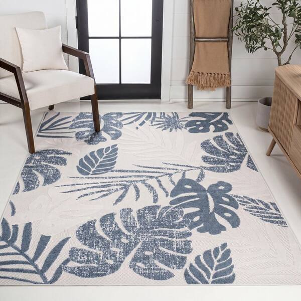 Monstera Tropical Leaf High-Low Cream/Dark Blue 8 ft. x 10 ft. Indoor/Outdoor Area Rug