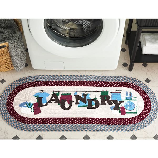 Braided Posters Ivory/Blue 2 ft. x 4 ft. Machine Washable Laundry Lines Oval Runner Rug