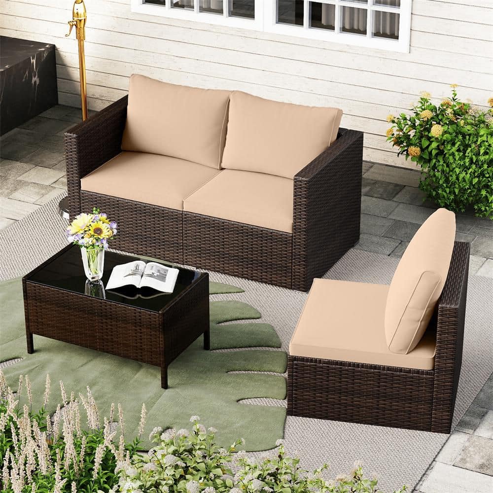 3-Piece Wicker Outdoor Sectional Sofa Set PE Rattan Modular Couch with Thick Cushions Beige price history on PriceWatchPro