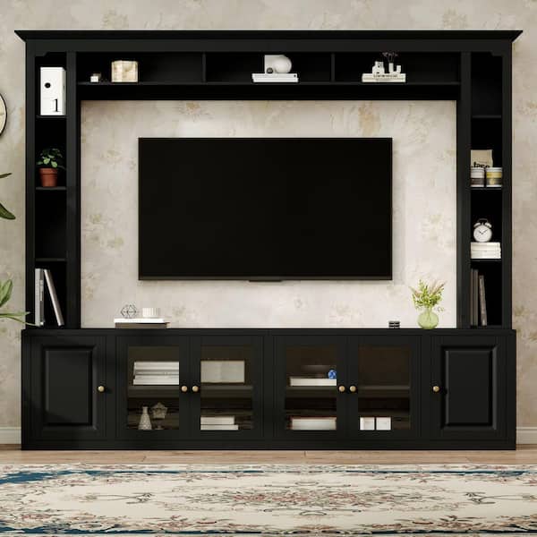 4-Piece Black Entertainment Center with Bookshelf and Adjustable Shelves for TVs Up to 70 in. for Living Room