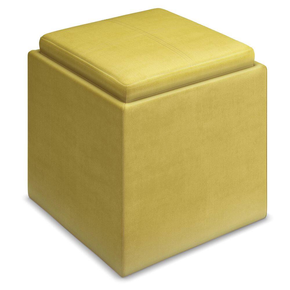Dijon Yellow Velvet Cube Storage Ottoman with Tray