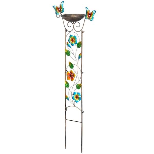 40 Inch Floral-Butterfly Bronze Iron Bird Bath Stand, Garden Plant Trellis