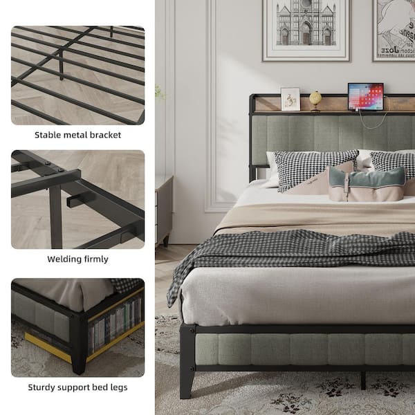 HOMEFUN Dark Gray Metal Frame Upholstered Headboard Full Platform