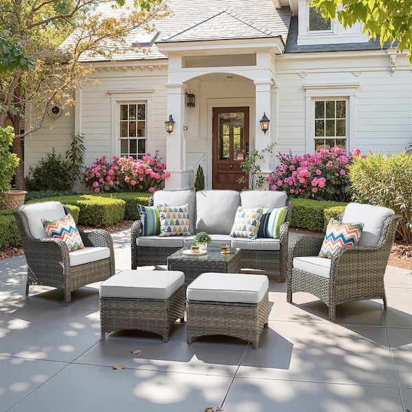 Clario 6-Piece Wicker Patio Conversation Set with Gray Cushion, 2 Ottomans, 2 Single Chair & Coffee Table