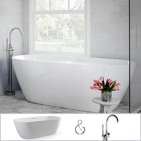 PELHAM & WHITE W-I-D-E Series Woodside 71 in. Acrylic Oval Freestanding Bathtub in White, Floor-Mount Single-Post Faucet in Chrome