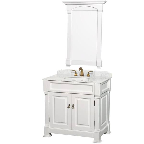 Wyndham Collection Andover 36 in. Vanity in White with Marble Vanity Top in Carrara White with Under-Mount Sink and Mirror