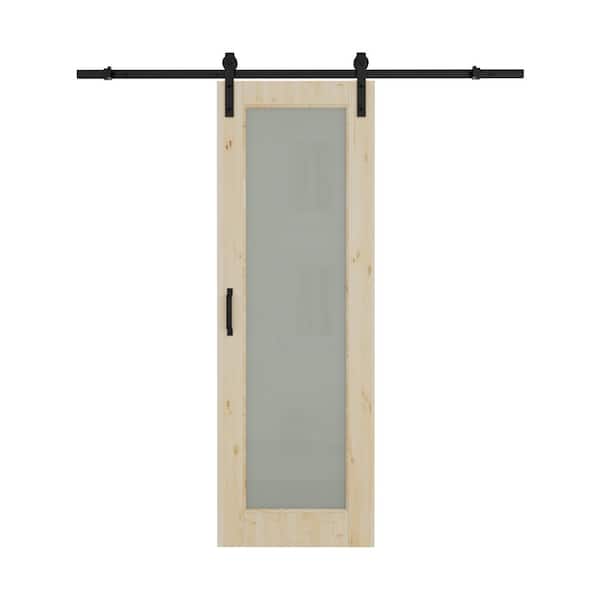 ARK DESIGN 24 in. W. x 80 in. 1 Lite Tempered Frosted Glass Unfinished Solid Core Pine Wood Sliding Barn Door with Hardware Kit