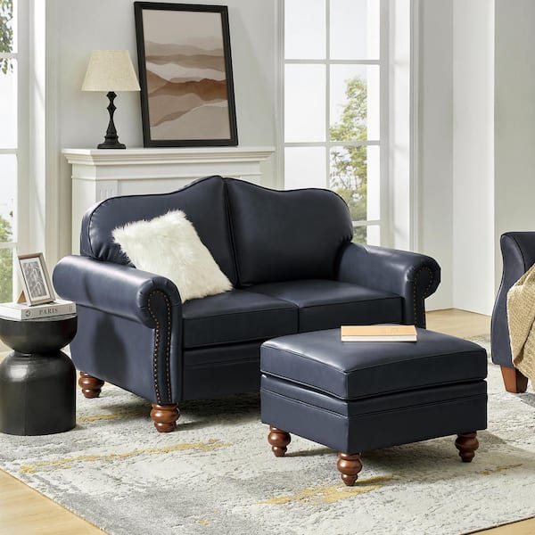 JAYDEN CREATION Alex Navy 60 in. Transitional Leather 2-Piece Living Room Sofa and Ottoman