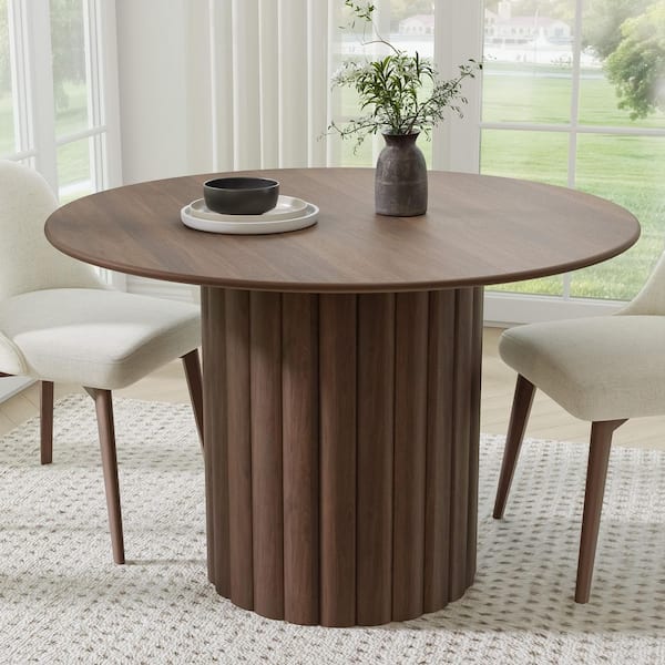 Lirago Round Walnut Wood 46 in. Column Base Dining Table Seats 4