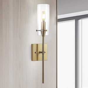 Cato 4.5 in. 1-Light Brass Gold/Clear Bohemian Farmhouse Iron/Glass LED Wall Sconce