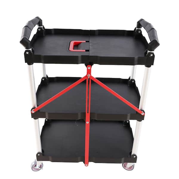 Tatayosi Folding Service Car with Wheels, Three-layer Practical Trolley, Storage Cart for Garage, Hotel, Kitchen, Warehouse
