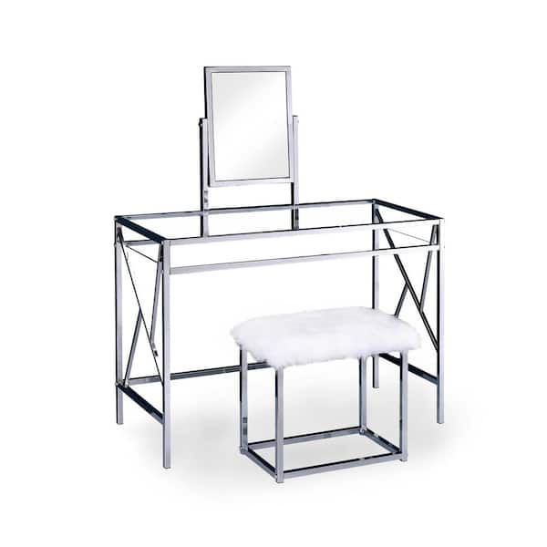 Furniture of America Helaine Contemporary 2-Piece in Chrome Metal Vanity and Stool Set