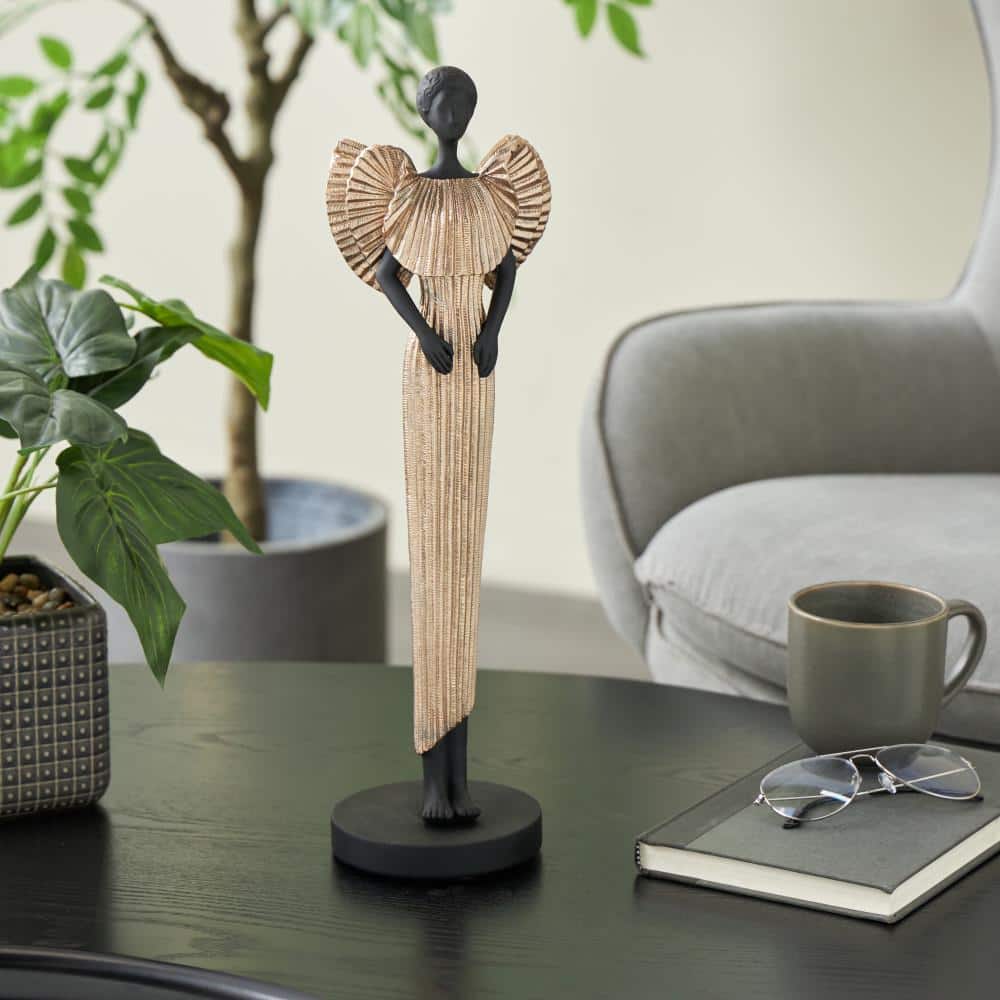 Black Polystone Woman Sculpture with Ivory Dress