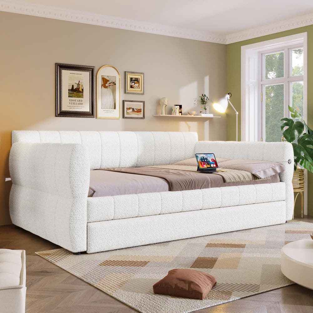 White Queen Size Upholstered Daybed with USB and Trundle