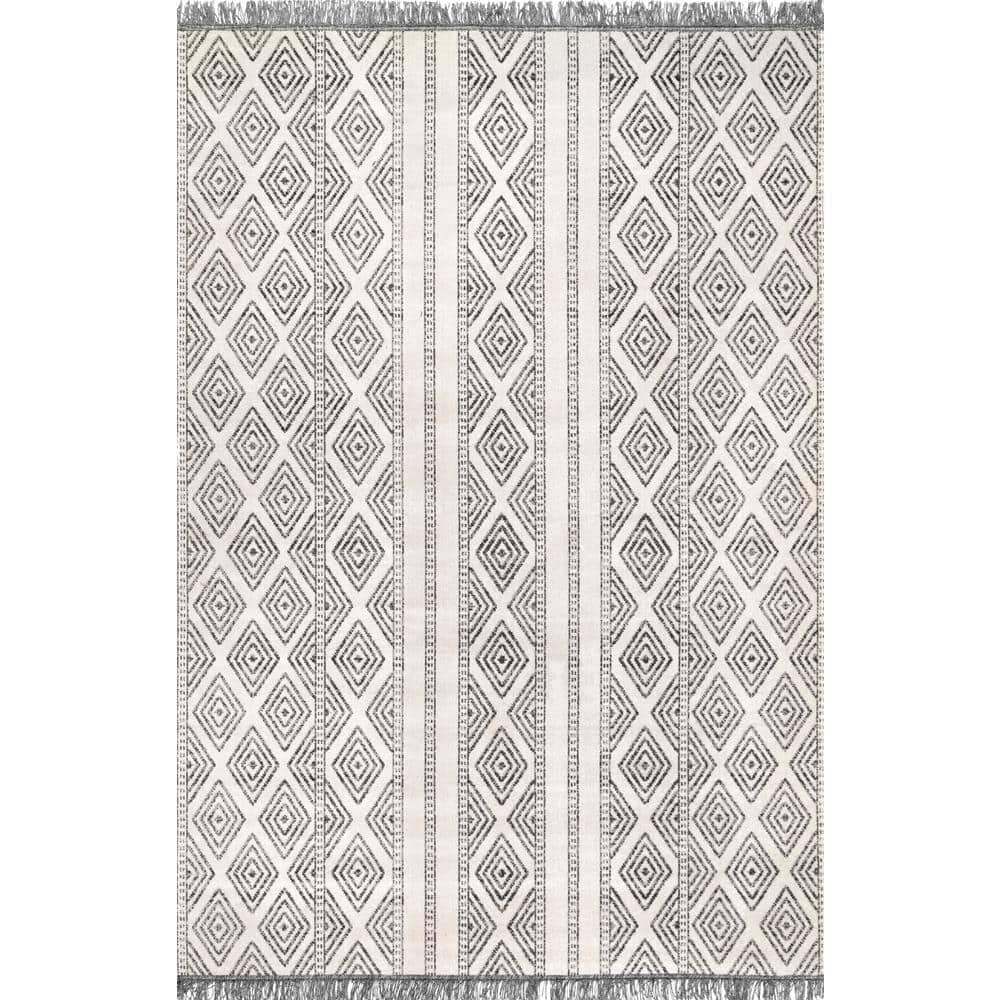 Gray and White Striped Synthetic 4' x 6' Reversible Area Rug