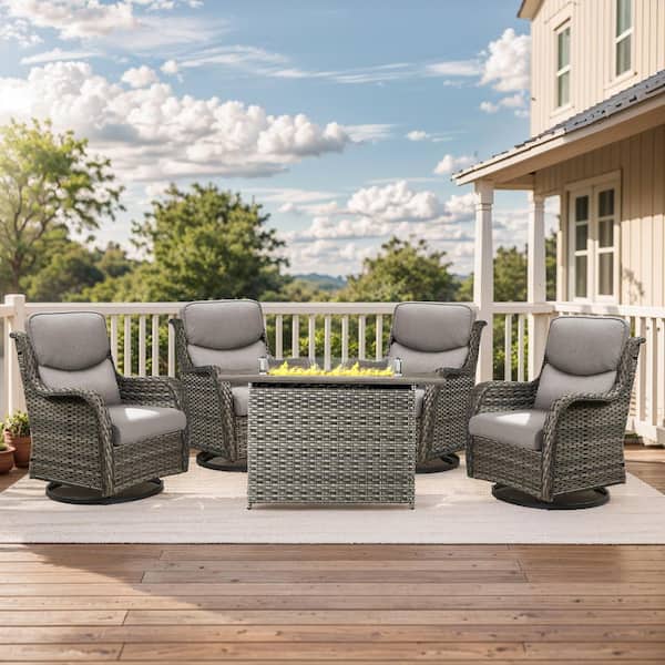 LunaCurve 5-Piece Gray Wicker Fire Pit Conversation Set with 5 in. Gray Cushions and Swivel Glider Rocking Chairs