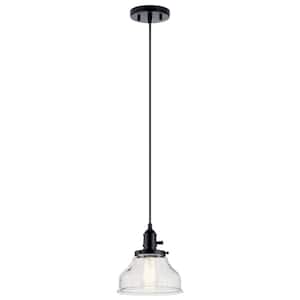 Avery 8 in. 1-Light Black Farmhouse Shaded Kitchen Bell Mini Pendant Light with Clear Seeded Glass