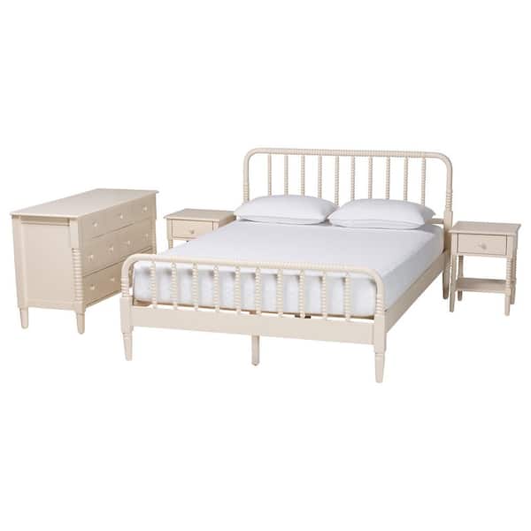 Baxton Studio Braith 4-Piece Ivory Wood King Bedroom Set with 2 Nightstands