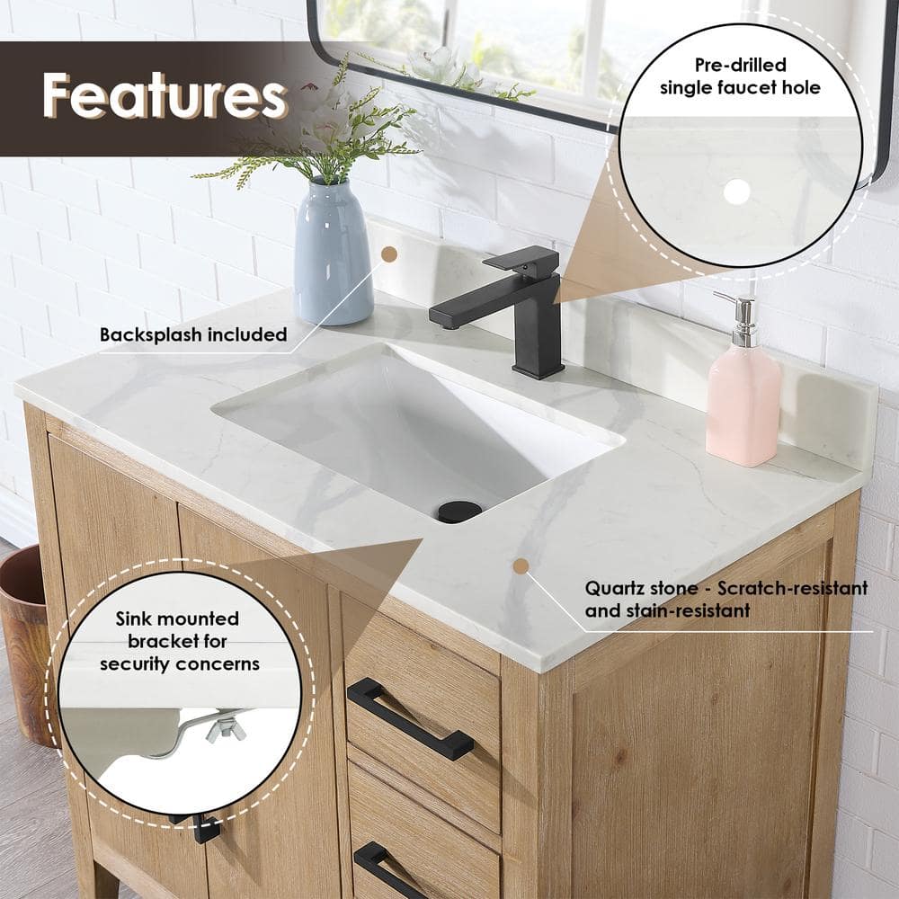 Arbios 36" Calacatta White Quartz Vanity Top with Sink