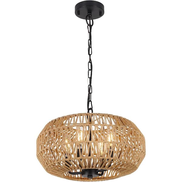 4-Light Farmhouse Height Adjustable Chandelier Pendant with Woven Lampshade Living Room Kitchen Island Brown Plus Black