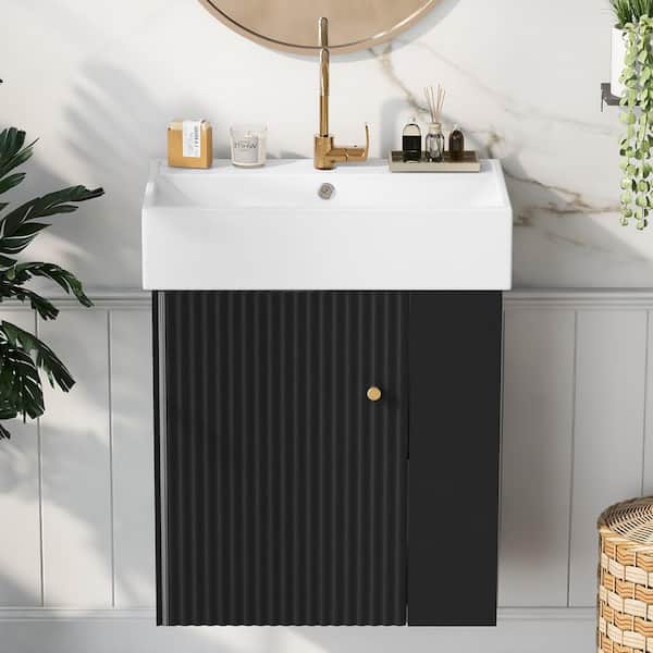 21.6 in. Floating Black Bath Vanity with White Ceramic Top, Right Side Storage