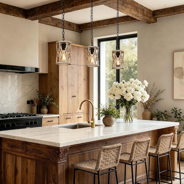 Grain Farmhouse Kitchen Island Pendant Light 1-Light Wood Drum Cage Rustic Hanging Ceiling Light with Bronze Accents