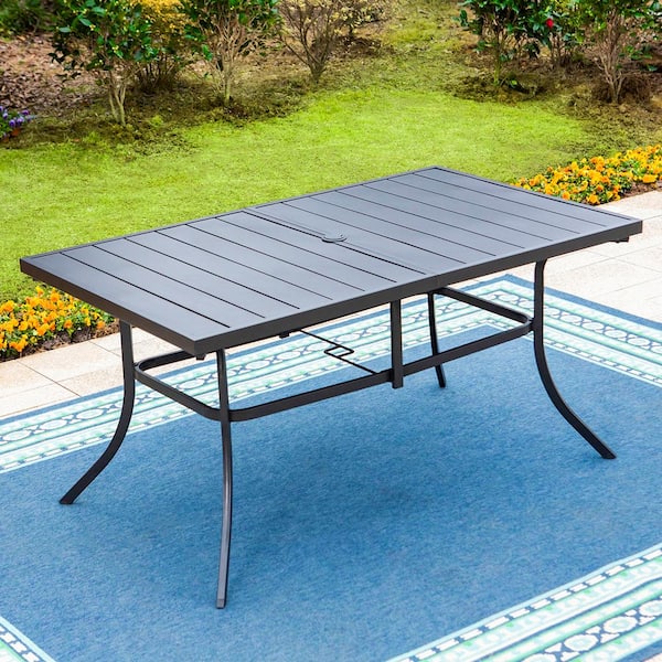 PHI VILLA Black 7-Piece Metal Rectangle Table Outdoor Patio Dining