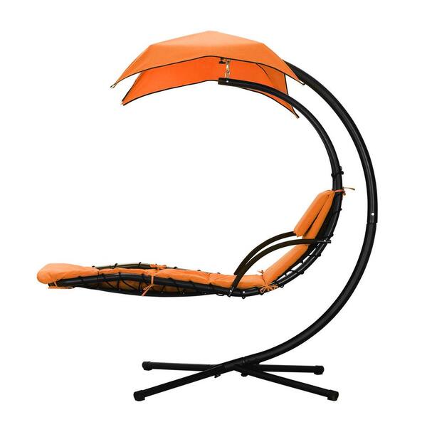 OVASTLKUY Black Steel Outdoor Chaise Floating Lounge Chair With Orange Cushions and Canopy Umbrella