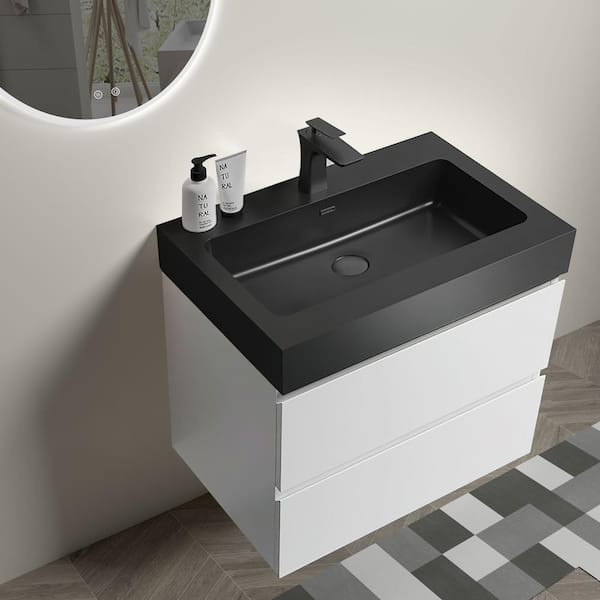 24 in. Single Sink Wall Mounted Glossy White Bath Vanity with Black Solid Surface Top Unassembled
