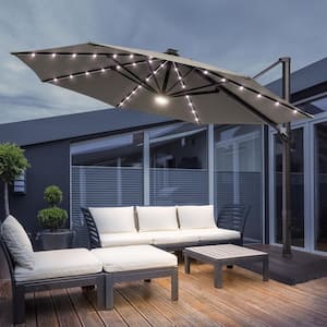 11 ft. Solar LED Outdoor Round Aluminum Cantilever Umbrellas with Base Stand in Gray