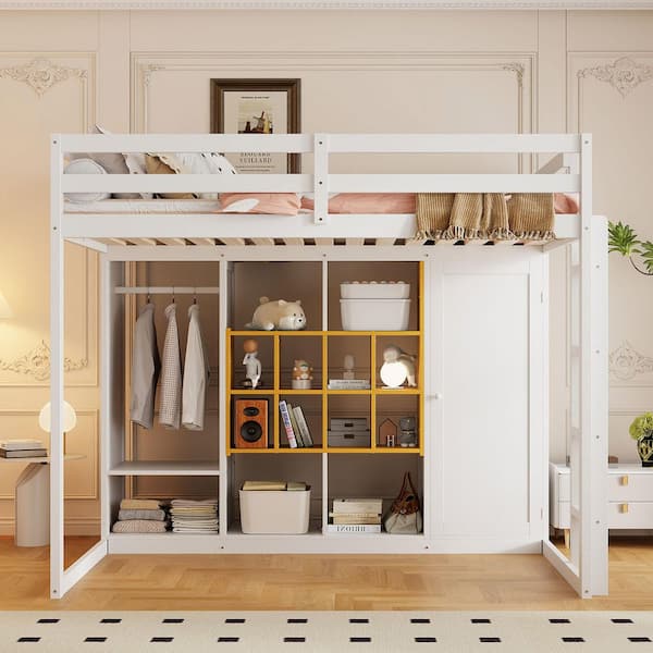White and Yellow Full Size Wood Loft Bed with Wardrobe, Shelves and Cabinet