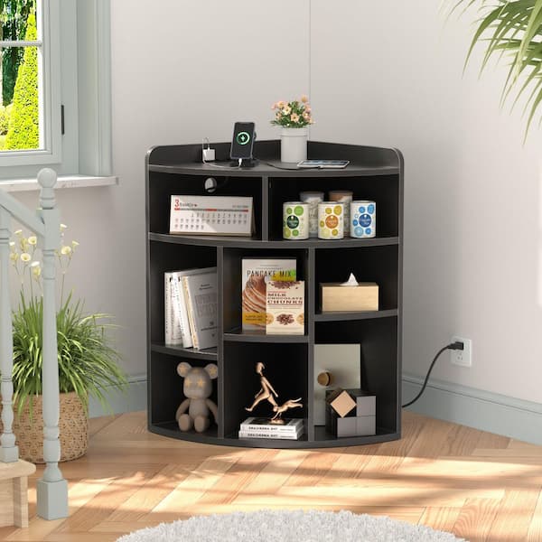 VECELO Black Corner Cabinet with Charging Station, 3-Tier Cube Storage, USB Ports and Outlets, Triangle Bookcase with 8 Cubbies