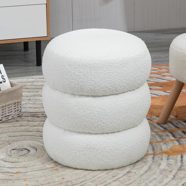 Glamour Home Azaria White Boucle Fabric Round Tufted Ottoman GHOTM
